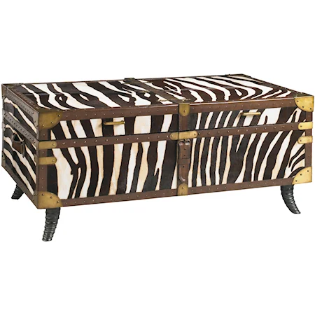 Treasures of Kenya Hair-On-Hide Zebra Patterned Trunk-Style Cocktail Table with Lift Lid Storage